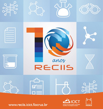 Capa da revista Reciis, com fundo azul claro e imagens associadas ao universo das ciências, e com destaque ao número 10 e o nome da revista Reciis. Na barra inferior, tem uma tarja laranja, com logos do Icict e Fiocruz e endereço do site da publicação.