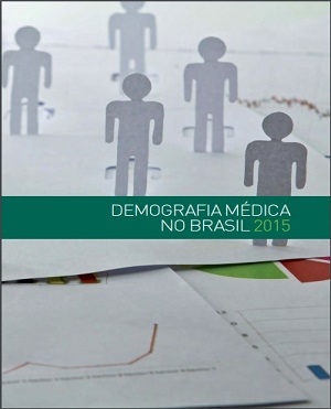 Capa da publicação, com o nome "Demografia médica no Brasil 2015" escrito em uma barra verde central. No fundo de cor cinza, há bonecos simulando pessoas e imagens de gráficos
