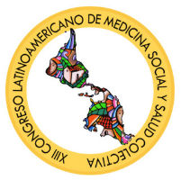 Logo do 13º Congresso Latino-americano de Medicina Social e Saúde Coletiva, em formato de círculo, com nome do evento na borda e, no centro, imagem do mapa da América Latina