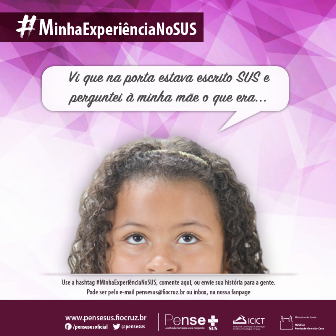 Imagem da campanha, com fundo em tons de rosa e parte do rosto de uma menina negra e conteúdos da campanha "MinhaExperiênciaNoSUS"