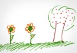 Detalhe de desenho mostrando flores e árvore